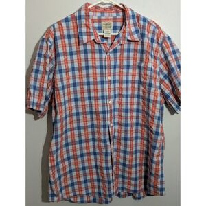 LL Bean Shirt Mens XL Blue and Red Button Up Short Sleeve Slightly Fitted